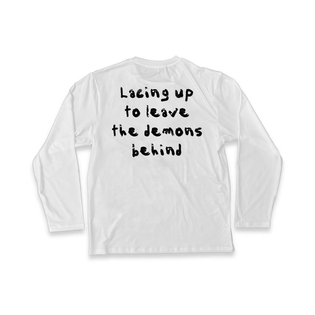 White long-sleeve shirt with black text on a white background