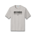 Gray t-shirt with 'BECOMING' text printed multiple times on a silver background