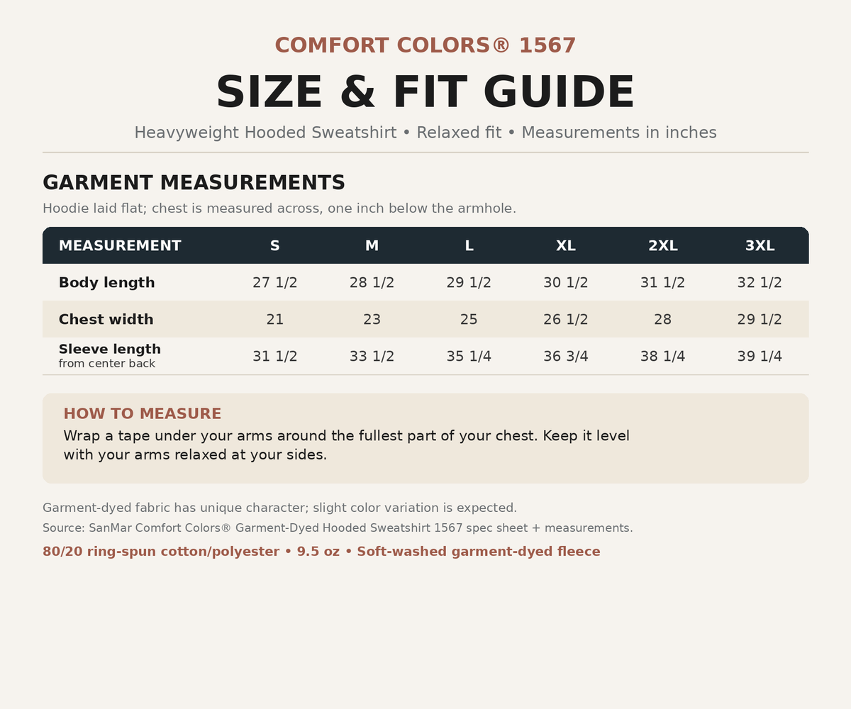 Comfort Colors 1567 size chart