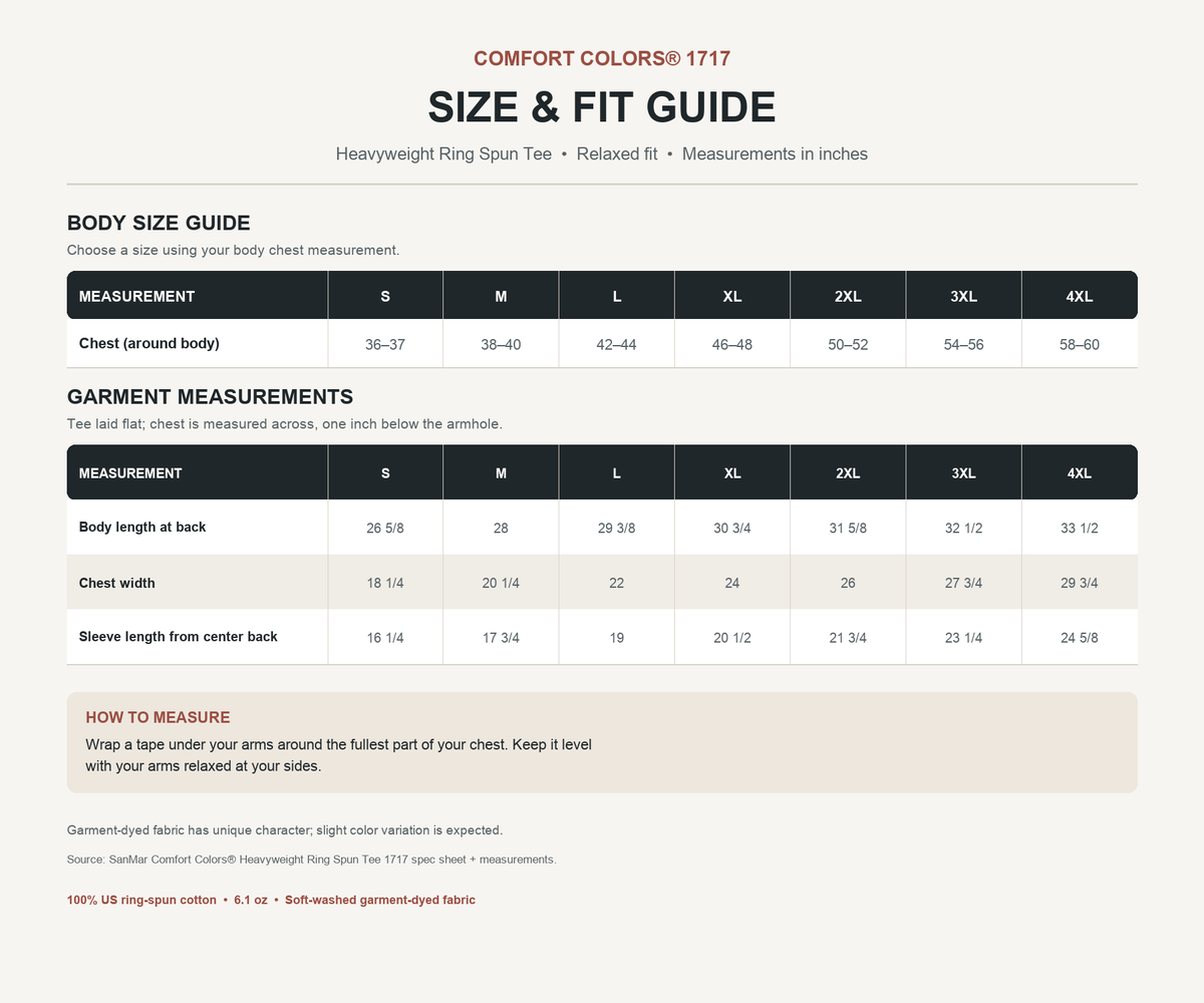 Comfort Colors 1717 adult size and garment measurements, sizes S through 4XL
